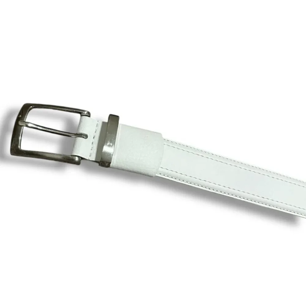 Nike Golf White Leather Belt Men's Size Large/XL Silver Buckle Logo Swoosh